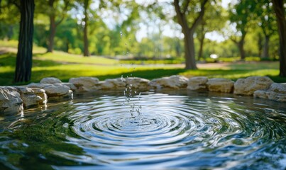 Fototapeta premium Water droplets falling in a park pond, sunny day