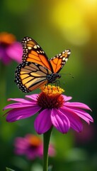Vibrant monarch butterfly on vibrant purple coneflower, sunlight , flora, color
