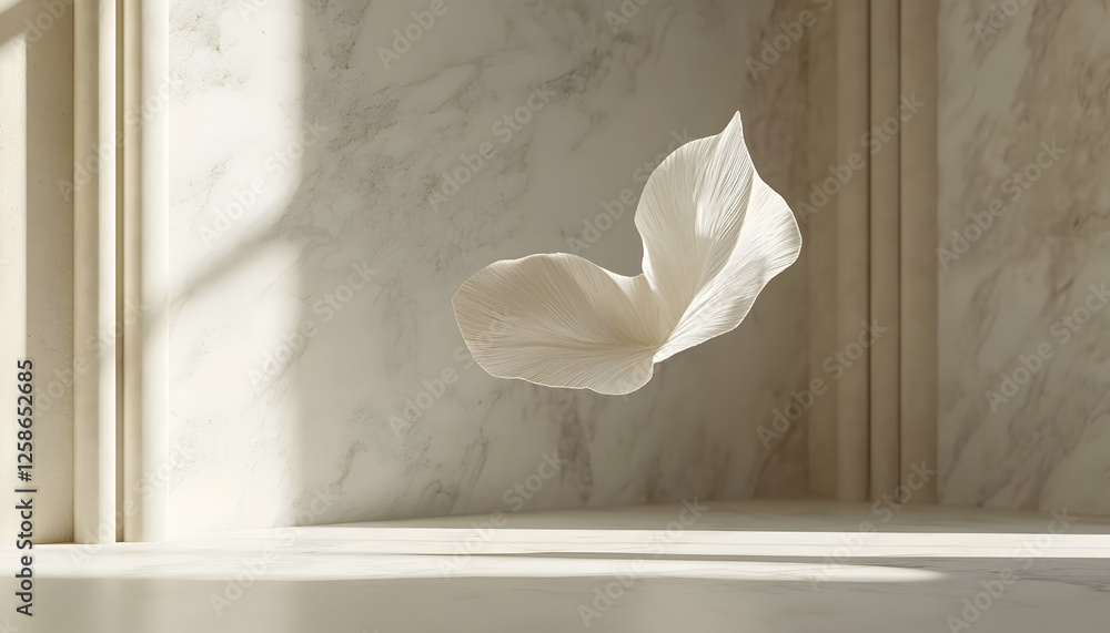Poster floating white leaf in a marble interior. sunlight streams through window. possible use for home dec