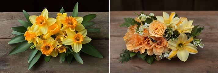A vibrant bouquet of flowers elegantly arranged on a table, showcasing various colors and types of blooms in a delightful display.
