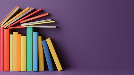 Colorful Books Arranged in Rainbow Pattern on Purple Background