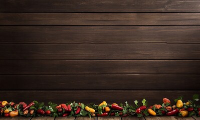 Dark brown wooden background with colorful chili peppers
