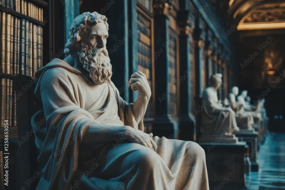 Poster classic marble statue of a philosopher surrounded by historical figures in an elegant library settin