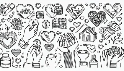 Charity hand, money, care heart doodle line icon. Charity donate, support, blood donor concept icon set. Volunteer heart, donate food hand drawn doodle sketch style line. perfect any project.