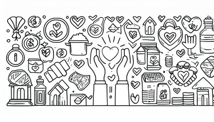 Charity hand, money, care heart doodle line icon. Charity donate, support, blood donor concept icon set. Volunteer heart, donate food hand drawn doodle sketch style line. perfect any project.