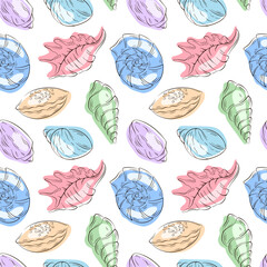 Seamless seashell pattern in flat style. Hand drawn summer sea themed design for textile, wrapping, card on white background.