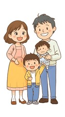 1. "A family of four, two parents and two children, smiling happily and standing together in front of a clean white background.