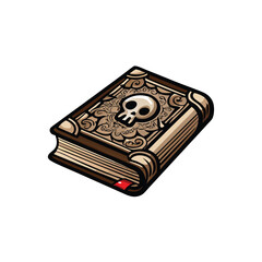 Create a detailed vector illustration of an antique book with a skull emblem on its cover, showing wear and texture.