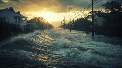 Sunset over flooded residential street during storm surge.