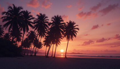Standing tall on a serene tropical beach at sunset with modern vintage color palette Silhouetted palm trees
