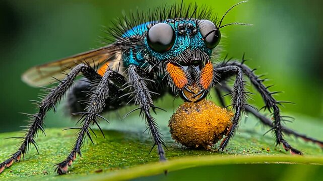 Blue insect eating prey on leaf, jungle background; nature macro