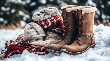 Cozy winter boots and warm knit scarves on snowy ground
