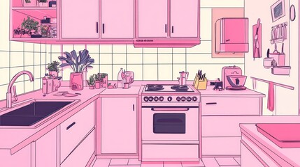 Pastel Pink Kitchen Interior Illustration