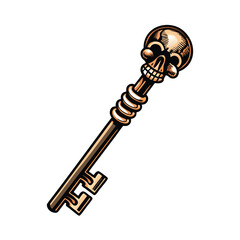 Create a detailed vector illustration of an antique skeletal key with a skull intricately carved at its head.  High resolution, intricate detail.