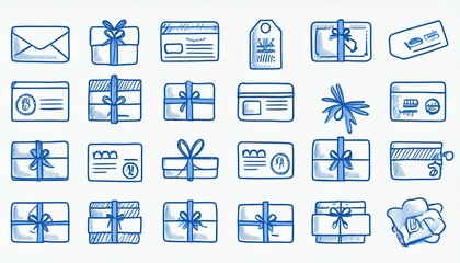 Doodle gift, discount coupon icon set. Hand drawn sketch style bonus card, loyalty program icon. Bonus point reward program offer doodle. Blue line stroke. perfect any project.