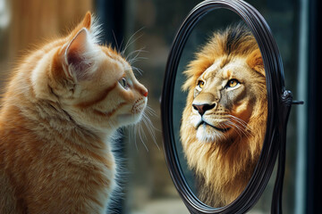 A kitten sees its reflection in a mirror, perceiving itself as a lion. Inspirational reflection of a cat envisioning itself as a majestic lion. Self grow, selflove, ego, I love myself