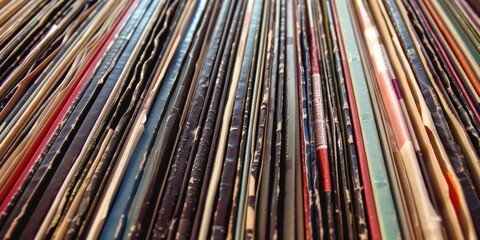 Fototapeta na wymiar Vintage vinyl record collection stacked vertically for retro music enthusiasts. Records and Information Management Month