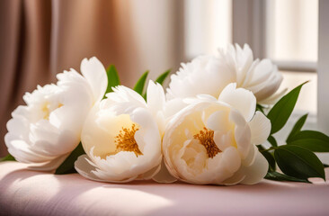 Bouquet of white peonies on blurred beige background with chiaroscuro. Delicate fragrant flowers. Close-up. Copy space for text.