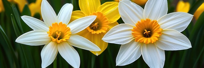 Vibrant yellow and white flowers bloom with lush green stems, creating a picturesque scene in a serene garden setting.