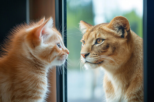 A kitten sees its reflection in a mirror, perceiving itself as a lion. Inspirational reflection of a cat envisioning itself as a majestic lion. Self grow, selflove, ego, I love myself