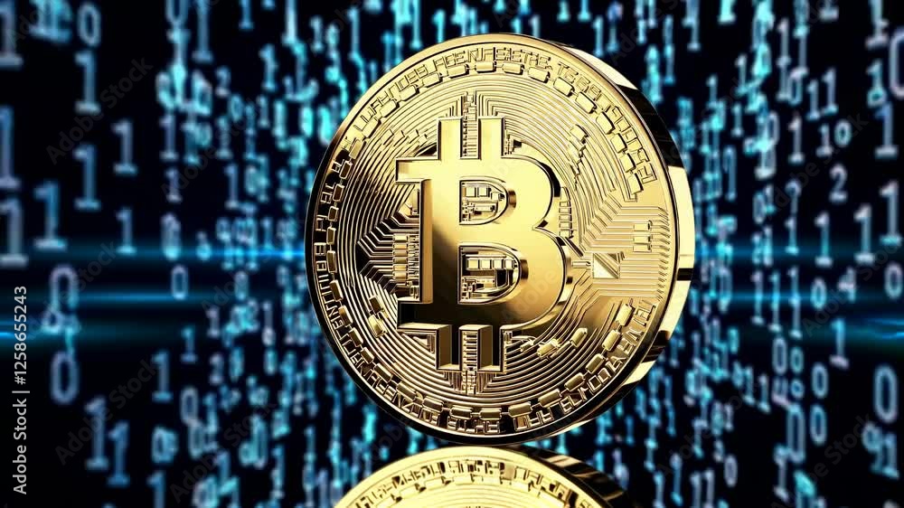 Poster a close-up video of a bitcoin symbol on a coin, surrounded by digital binary code, creating a futuri