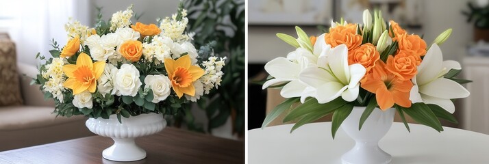 A table displays two artistic images of a vase filled with vibrant flowers, showcasing floral beauty and elegant decor.