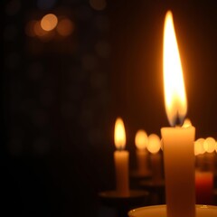 A focused lighted candle and many others defocused at the back all souls day concept dark background Bokeh light lights background bokeh abstract light bright effect shiny