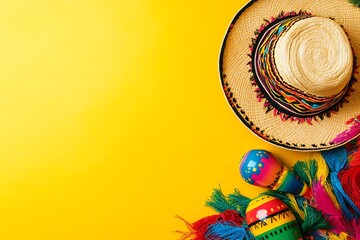 Mexican cinco de mayo party background with a sombrero and maracas on a yellow backdrop