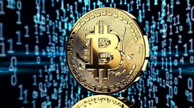 A close-up video of a Bitcoin symbol on a coin, surrounded by digital binary code, creating a futuristic and tech-focused atmosphere.
