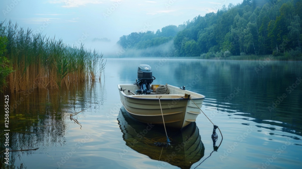 Poster a tranquil lake setting at dawn features a motorboat anchored close to the shore, surrounded by tall