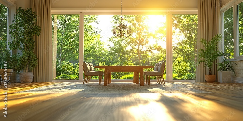 Poster bright and spacious dining area with sunlight pouring in through large windows and illuminating the 