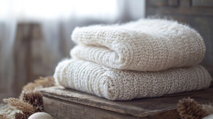Cozy folded woolen blankets on rustic wooden box with pine cones
