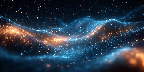 Fototapeta premium Sparkling cosmic landscape with swirling blue and orange particles in a dark void