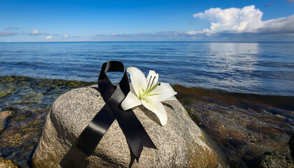 black funeral ribbon and white lily flowers on a rock by means of the calm sea