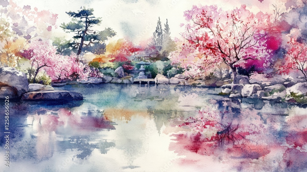 Poster beautiful spring scenery with blooming cherry trees and tranquil water reflections in a serene garde