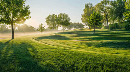 Obraz premium Nature landscape with cut fresh grass on lawn, early in morning with light fog. Greenery environment, ecology. Calm composition, wallpaper. Panoramic spring or summer background in warmth colors.