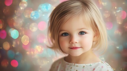Fototapeta premium Portrait of female child with blonde hair and soft bokeh background