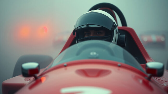 Cool racer driving a sports car on a track. Formula pilot in helmet racing in red vehicle