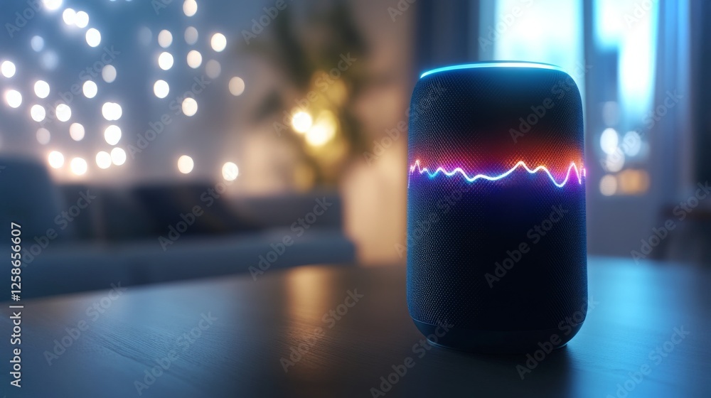 Aufkleber close-up view of a smart speaker with vibrant voice wave patterns in a cozy room setting