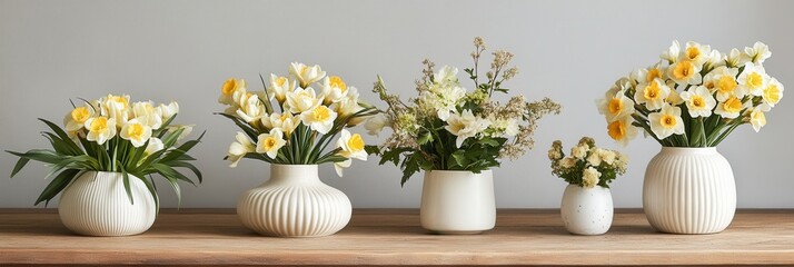 Four elegant vases filled with vibrant flowers are artfully arranged on a wooden table, creating a cheerful and inviting atmosphere.