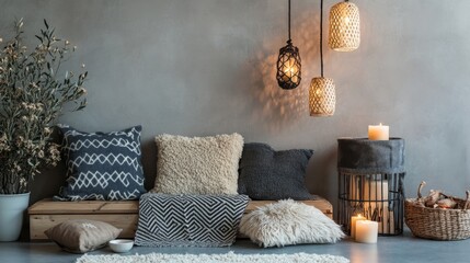 Cozy scandinavian living room with pillows, wicker lights, and indoor plants
