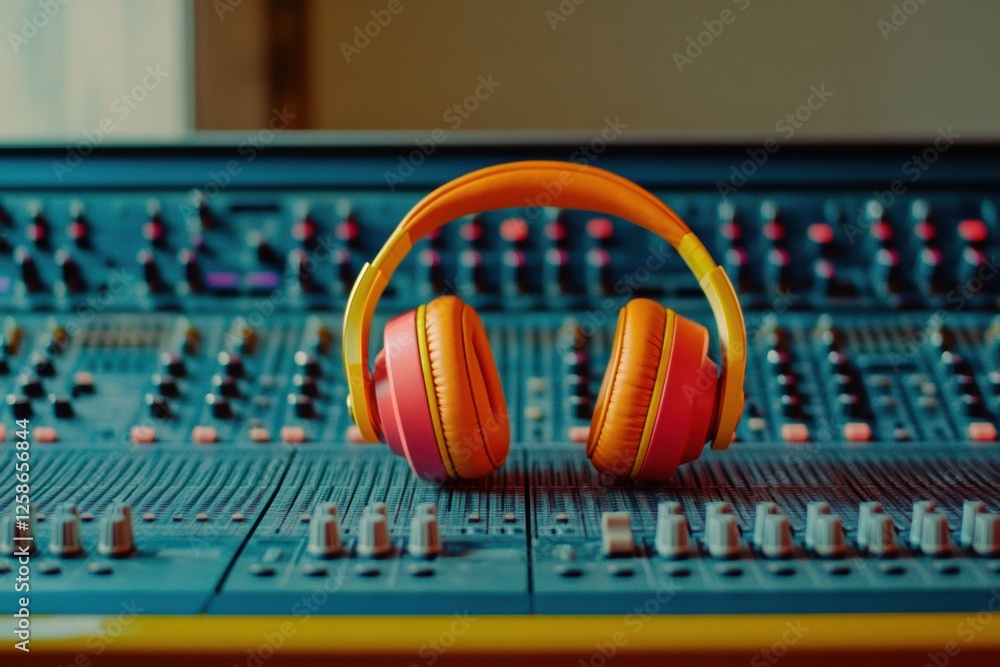 Poster colorful headphones resting on a music mixer in a recording studio capturing vibrant sound and creat
