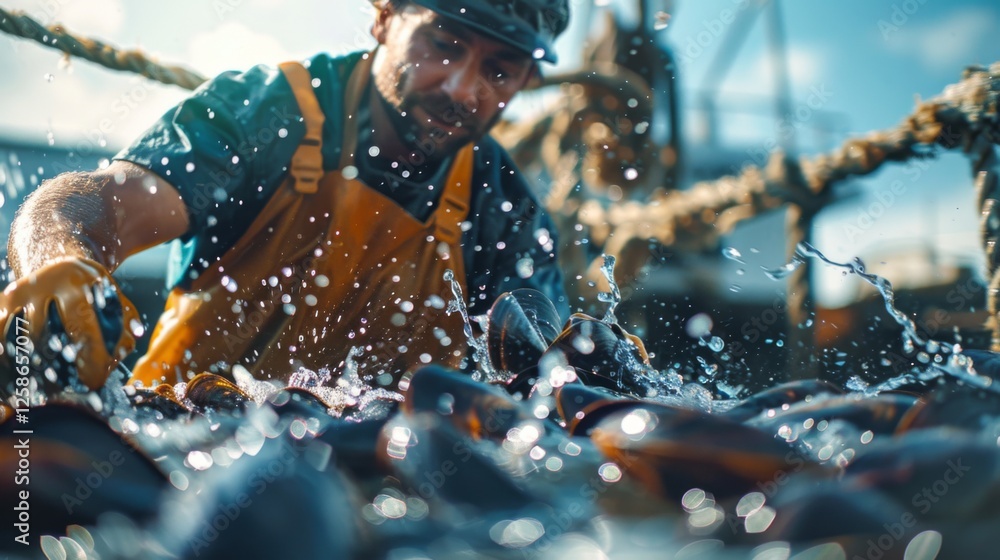 Poster a fisherman in protective gear skillfully gathers shellfish from the water's surface, creating splas
