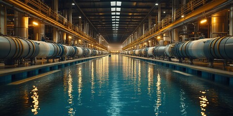 Obraz premium Industrial facility with water channel and pipelines creating a serene atmosphere at dusk