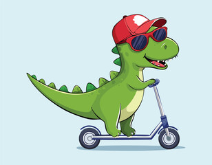 A cartoon of a dinosaur riding a bike with a red hat on flat background.