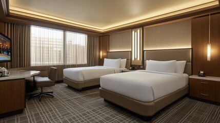 Modern hotel room with two beds, city view, desk, and subtle lighting.  Possible use Travel marketing