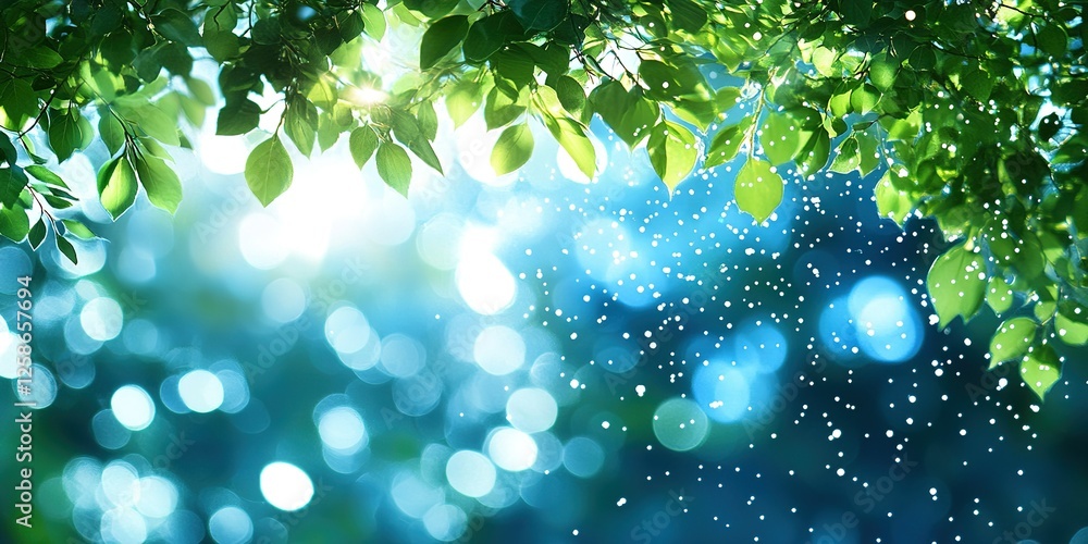 Poster sunlight filtering through green leaves creates a sparkling effect in a lush forest during a sunny d