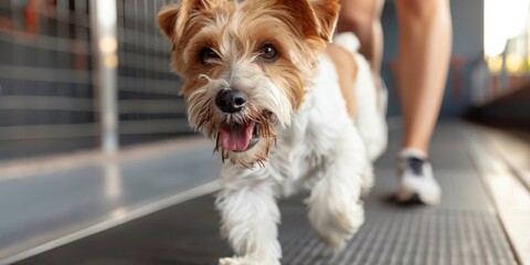 Energetic terrier dog enjoying outdoor walk with owner. Canine Fitness Month