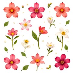 A pattern of spring pink and white flowers on a white background.
