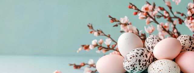 Fototapeta premium Eggs and blossoms on blue background. Happy Easter. Spring holidays and greeting card concept. Decorative composition for design, advertising, banner with copy space.
